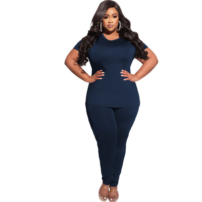 HLJ&GG Plus Size Solid Color Tracksuits XL-5XL Women Round Neck Short Sleeve Tshirt + Jogger Pants Two Piece Casual 2pcs Outfits