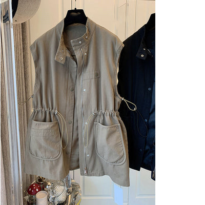 Pockets Cargo Sleeveless Woman Jacket Korean Zipper Stand Neck Coat Autumn New Drawstring Slim Waist Vests
