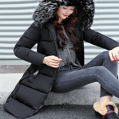 2021winter Polyester Women's Down Jacket Hooded Long Sleeve Cardigan Zipper Solid Slim Thick Fashion Office Lady Down Jacket