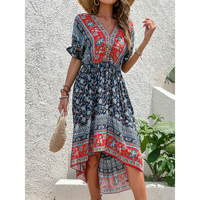 MOVOKAKA Summer Women Viscose Long Dress Elegant Party Casual Beach Holiday Backless V Neck Print Vestidos Slim Vintage Dresses