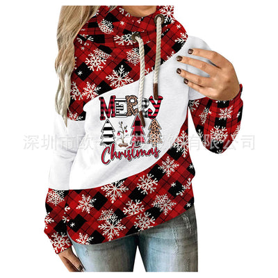 European and American Autumn and Winter Women&#39;s Clothes Christmas Loose Print Contrast Fleece Hooded Casual Sweater for Women