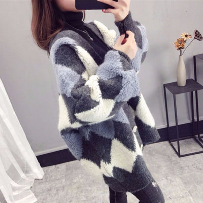 KAMUCC Women Sweaters Autumn Winter 2021 fashionable Casual Plaid V-Neck Cardigans Single Breasted Puff Sleeve Loose Sweater