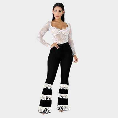 Wide Leg Stretchy Skinny Bottoms Denim Trousers Black Tassel Patchwork Flare Jeans for Women Vintage Streetwear Cake Mom Jeans