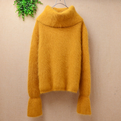 ladies women fashion yellow hairy angora  hair knitted long sleeves big turtleneck slim blouses pullover jumper sweater