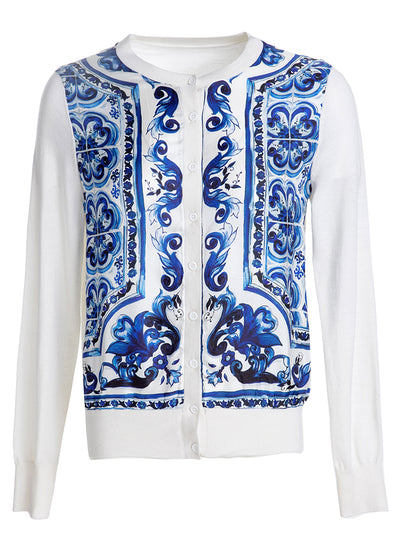 Svoryxiu Summer Runway Blue And White Porcelain Knitting Cardigan Women's Long Sleeve Button Silk Print Patchwork Wool Cardigan