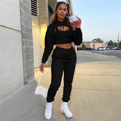 5sets Wholesale Items for Business Winter Fleece 3 Piece Set Sexy Y2k Crop Top Women Long Sleeve Hoodie Outfits Tracksuit B7671