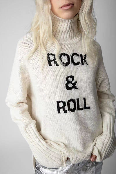 Letter Jacquard Women Turtleneck Sweater Hem Slit  Cashmere Long Sleeve 2022 Autumn Winter Ladies Jumper 2 Colors