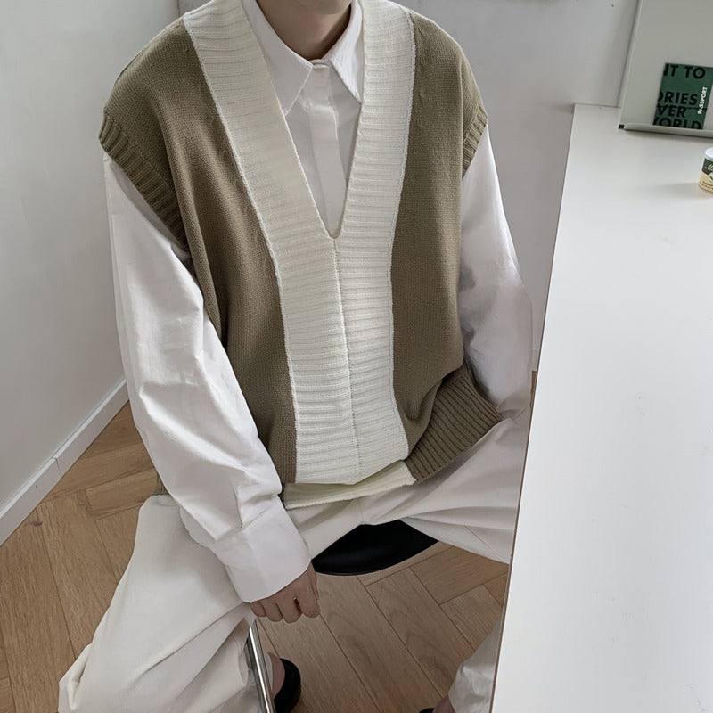 Autumn V-Neck Sweater Vest Men Fashion Casual Oversized Knit Pullover Men Korean Loose Sleeveless Sweater Mens Jumper Vest M-2XL