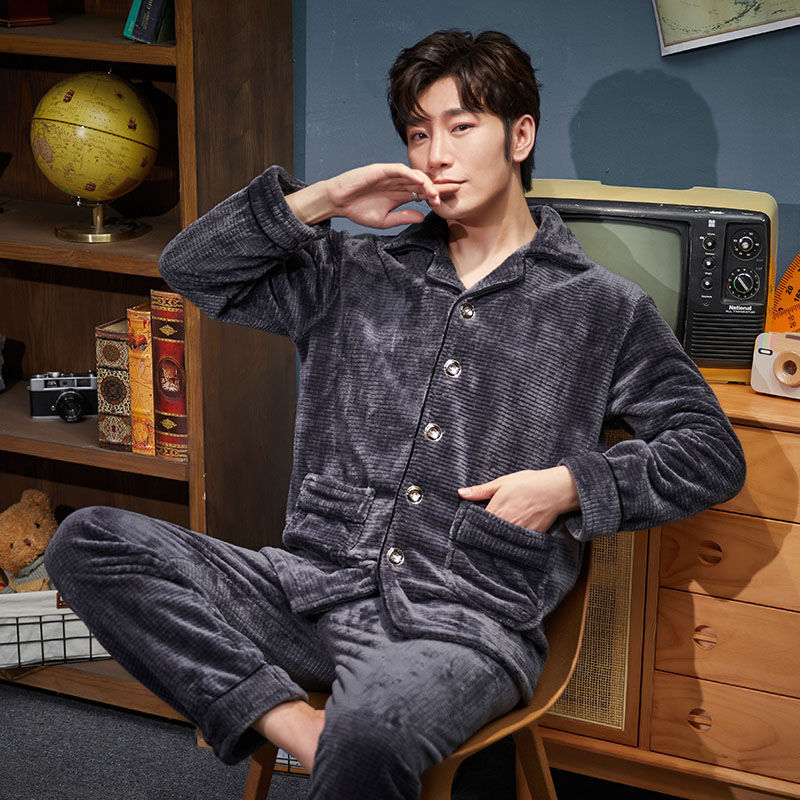 Lapel Nightwear Men Long Sleeve Pajamas Winter Thicken 2PCS PJS Suit Flannel Warm Home Clothes Button-down Sleepwear Lingerie