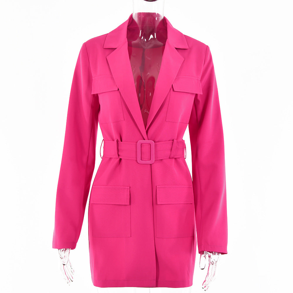 2021 Fall Fashion Clothing Midi Length Suit with Belt Long Sleeve Hot Pink Blazers for Women  Casual Blazer Jacket Woman