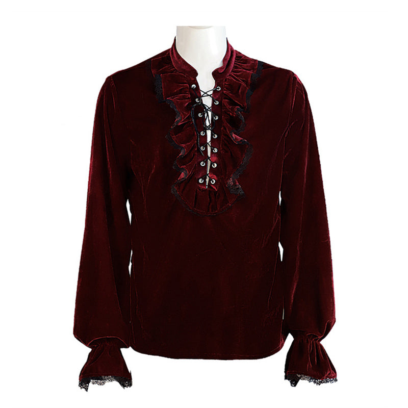 Red Lace Up Ruffle Stand Collar Long Sleeve Steampunk Pirate Cosplay Top Medieval Victorian Shirt Gothic Vintage Clothes For Men