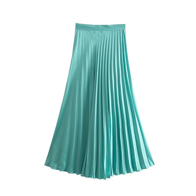 Women Summer 2022 Green Vintage Pleated Midi Skirts Faldas Mujer High Waist Side Zipper Chic Ladies Fashion A Line Skirts