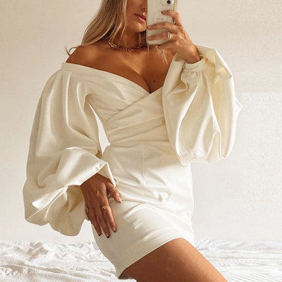 Tobinoone Autumn Winter Sexy Women&#39;s Dress Solid Color Off Shoulder One-line Collar Skirt Dress
