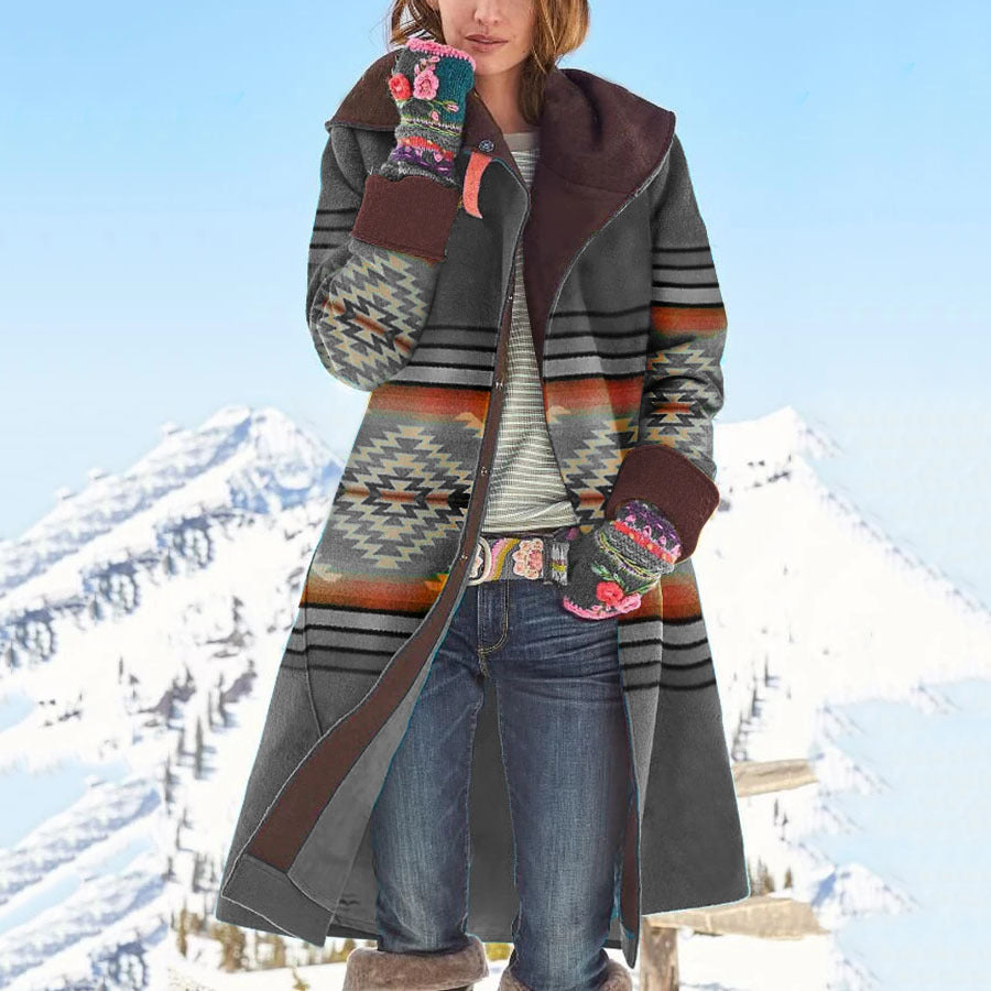 Autumn and Winter 2021 New Women&#39;s Clothing F Windbreaker Medium Length Printed Top Long Sleeve Longfeng Warm Woollen Jacket