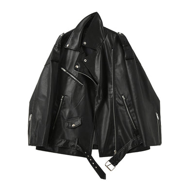 Ailegogo New Spring Autumn Faux Leather Jackets with Belt Women New Loose Casual Coat Female Drop-shoulder Moto Biker Outwear