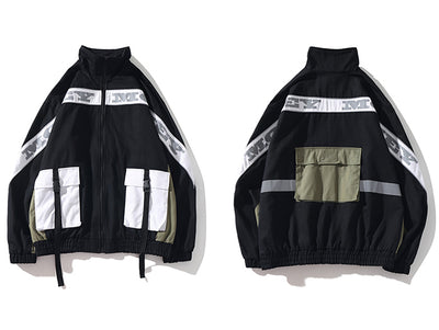 LACIBLE Patchwork Ribbons Multi Pockets Men Hooded Cargo Jackets Harajuku Streetwear Overcoats Casual Male Zipper Jacket Coats