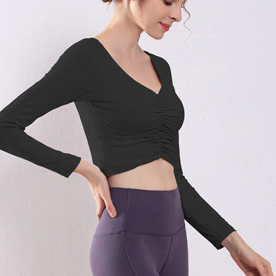 Sexy Women Chest Fold Sport Tops Long Sleeve Yoga Crop Top Padded T-shirts Fitness Workout Gym Sportswear