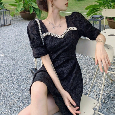 Beach Sundresses for Women Summer 2021 Black Mini Dress Females Gothic Korean Style Short Sleeve Elegant Dress Square Collar
