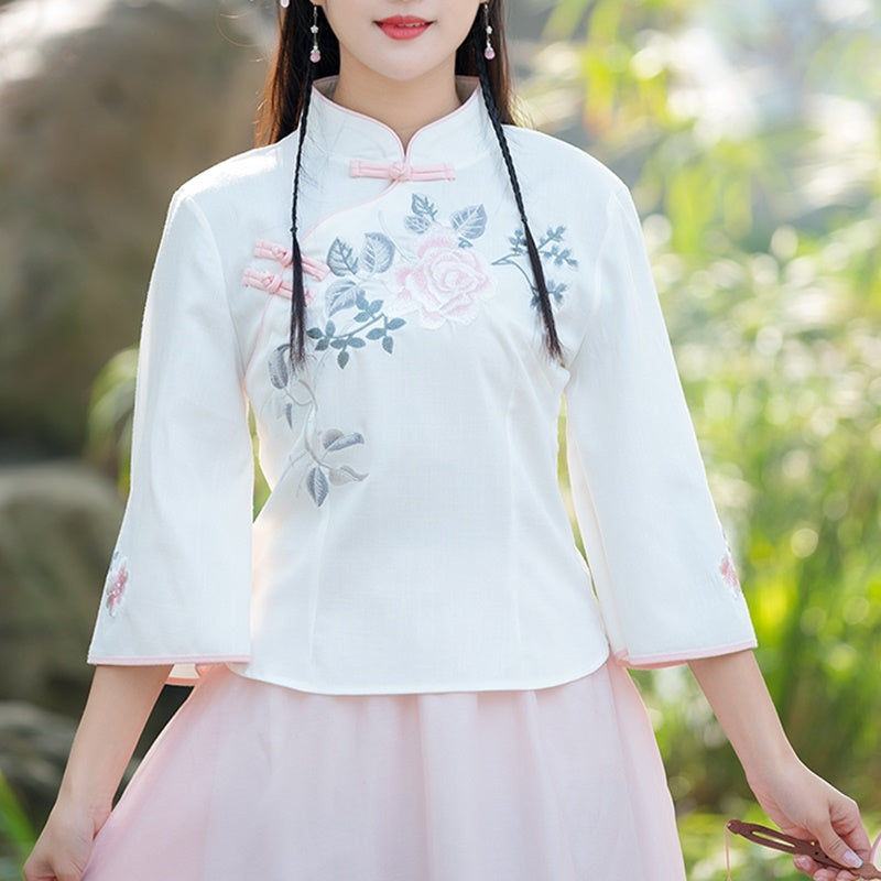 Traditional Chinese Style Clothing Women Tops Embroidery Loose Blouses Cheongsam Vintage Buckle Hanfu Shirts Tang Suits V2162
