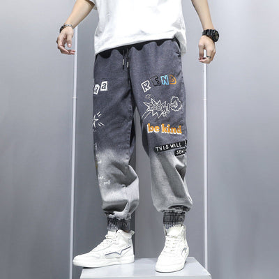 Hip Hop Graffiti Printing Jeans Men&#39;s GradientTrousers Harem Cartoon Loose Casual Ankle Banded Pants Cargo Denim Jeans for Men