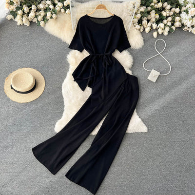 Women's Pants Set Fashion Irregular Short Sleeve Pullover Top & Casual Wide Leg Pants Two Piece Set Summer Trousers Suits