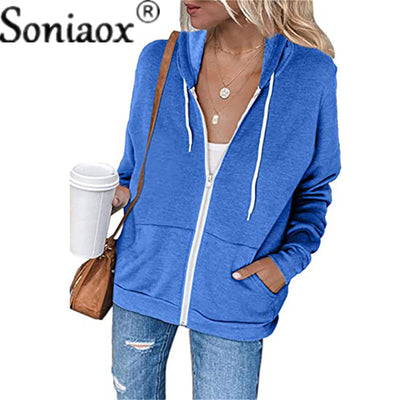 Ladies Autumn Hoodie Zipper Jacket Women&#39;s Casual Loose Sports Long Sleeve Drawstring Pocket Jacket Cardigan Street Tops Coat