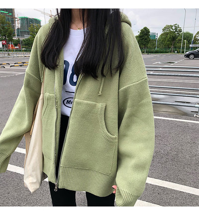 Thicken Solid Sweater Hooded Coat Korean Pockets Long Sleeve Jacket 2021 Autumn Winter Knitted Cardigan 6C400