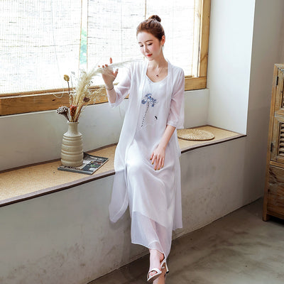 2021 Chinese Style Dress Shirt Vestidos Women'S Summer Sundress Female 3/4 Sleeve Embroidery Robe Vintage Femme Maxi Dress 11230