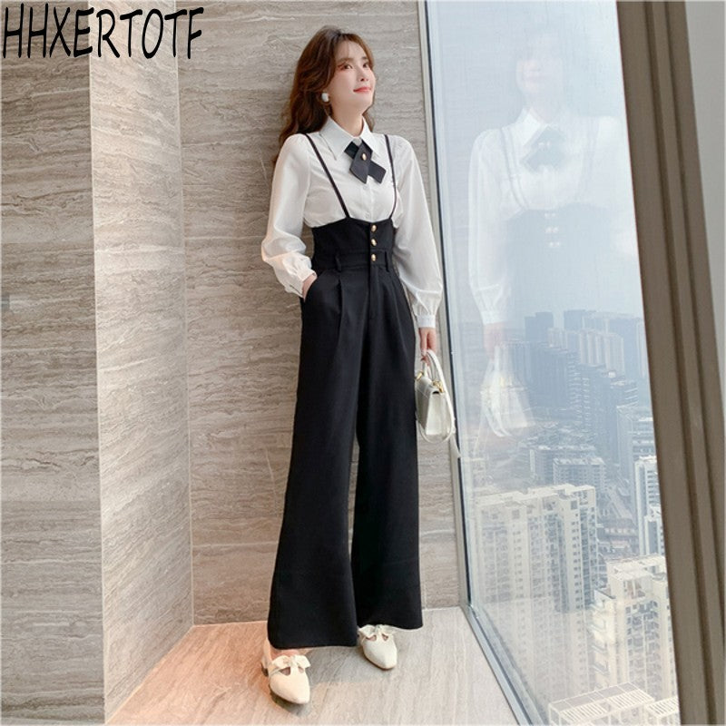 2021 spring fashion elegant Women two Piece Suits long sleeve shirts tops+long wide leg pants trousers sets