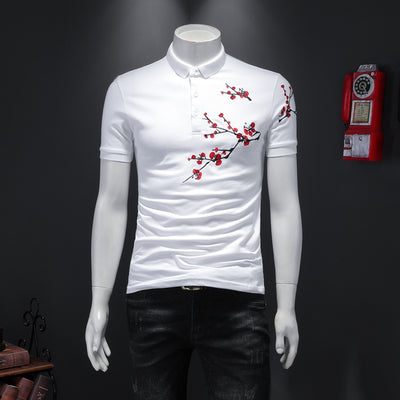 Summer Flower Embroidery Polo Shirts Men Short Sleeve Business Social Polos Casual Slim Streetwear Lapel Tee Tops Men Clothing