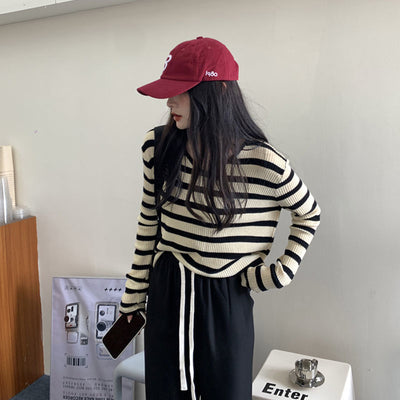 Pullovers Women Striped V-neck Autumn Basic Teens Young Preppy Casual All-match Fashion Ulzzang Sweater Mujer Gentle Kawaii Ins