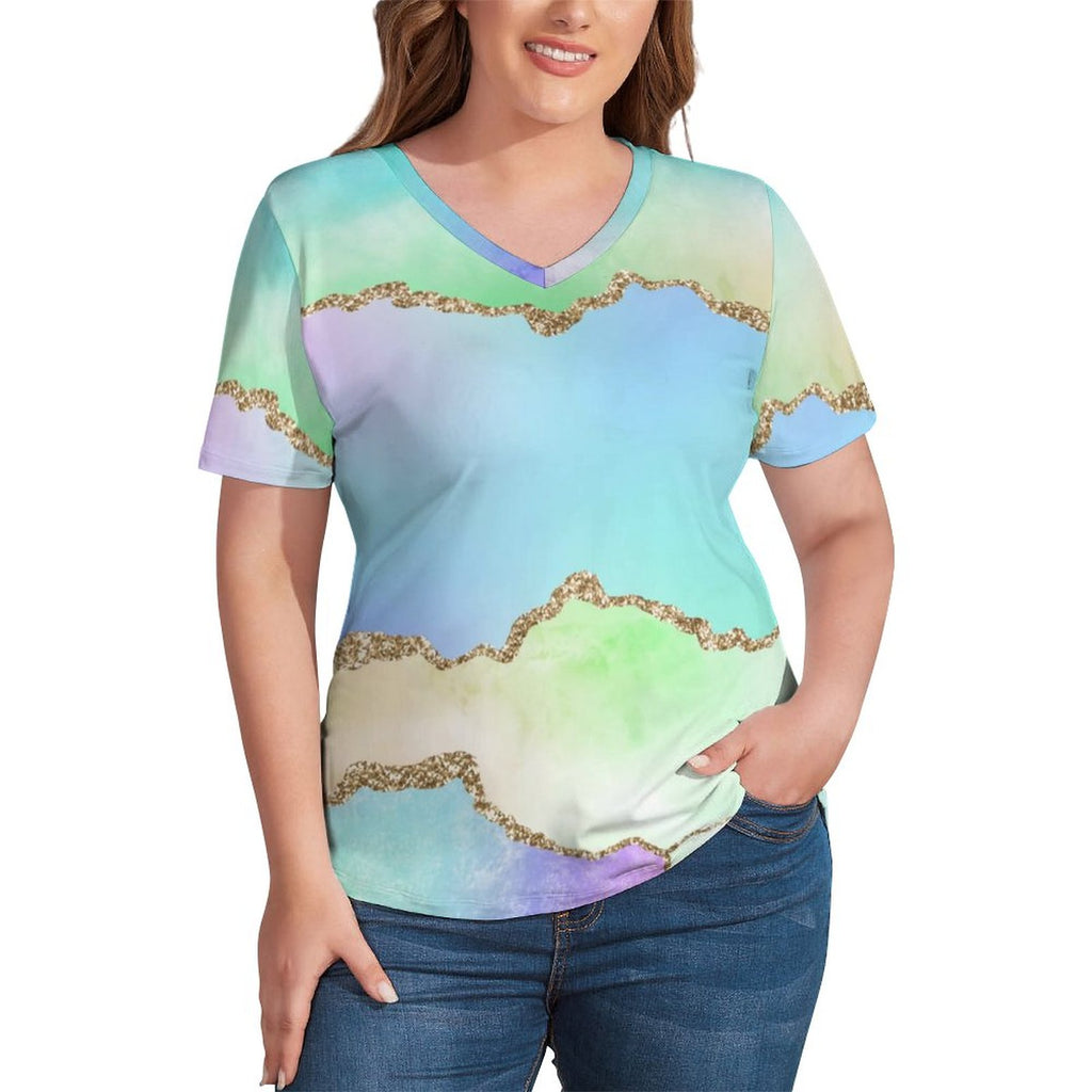 Pink Aqua Ombre T-Shirt Plus Size Dragonflies Print Vintage T Shirts Short Sleeves V Neck Casual Tees Female Beach Pattern Tops