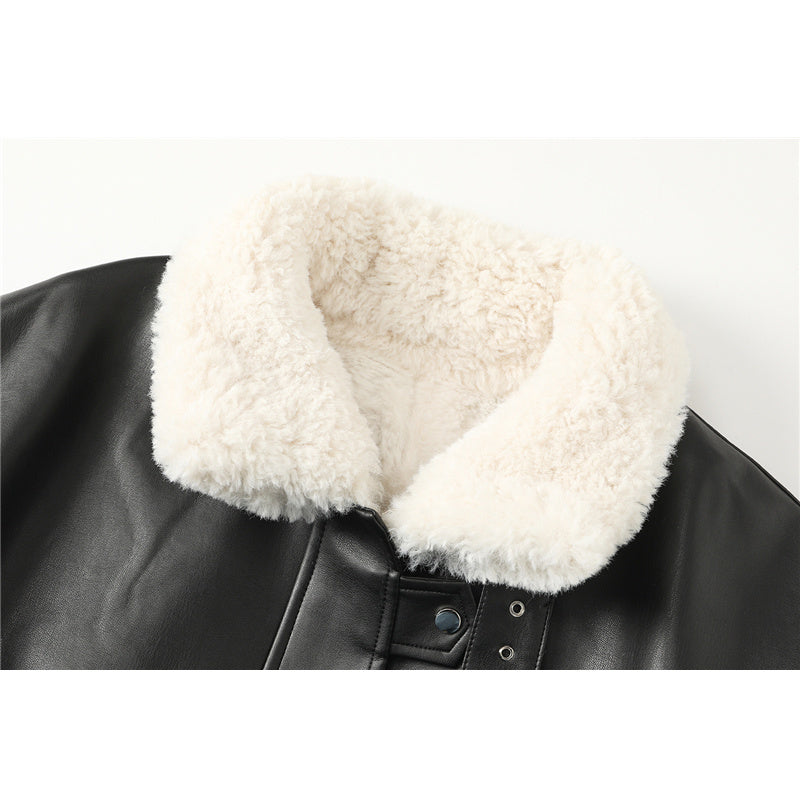 Faux Fur Coat Women Leather Jacket Autumn Winter Warm Plush Thick Suede Outerwear Lambs Wool Short Motorcycle Coats Female