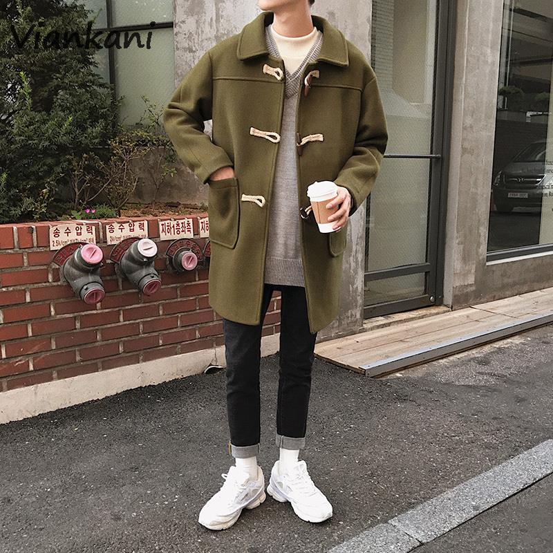Men&#39;s Woolen Jacket Autumn and Winter Retro Horn Button Lapel Woolen Coats Male Mid-length Fashion Solid Loose Trench Jackets