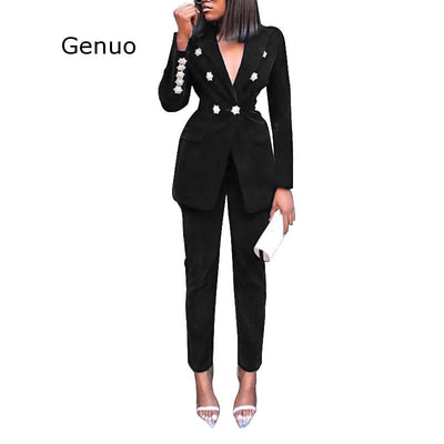 Women 2 Piece Set Top And Pants 2021 Summer New Arrivals Rhinestone Long Sleeve Suit Office Blue Sexy High Waist Pants Set