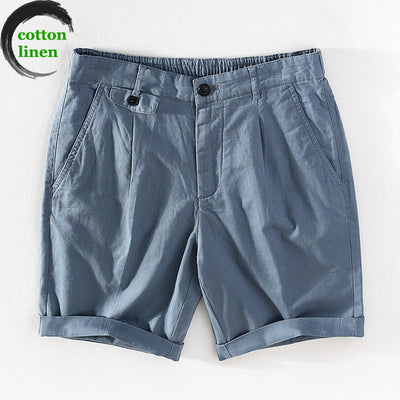 Summer Men's Casual Cotton Linen Shorts Youth Thin Tethered Elastic Waist Straight Five-point Pants H002
