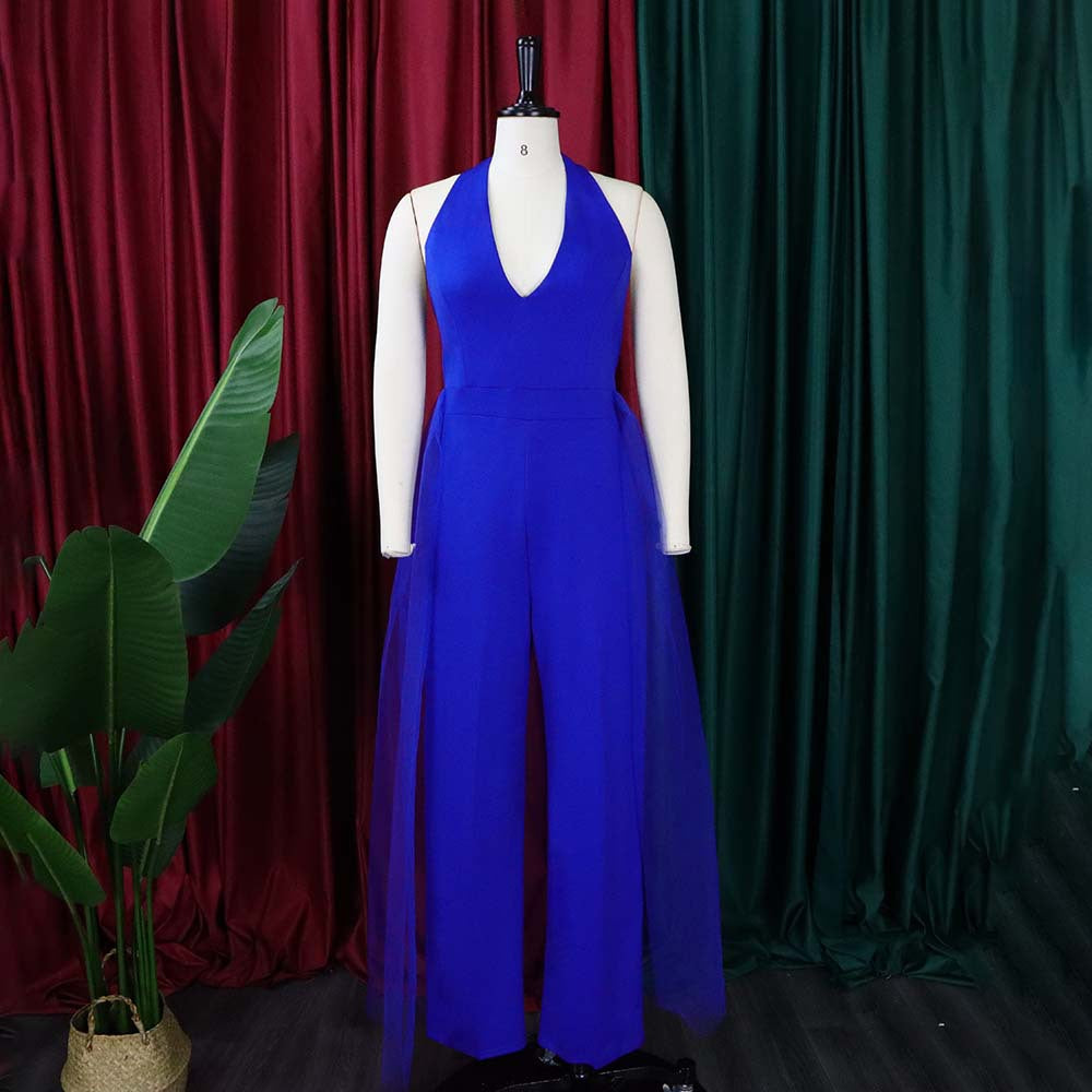 Plus Size Sexy Backless Halter Jumpsuits &amp; Rompers Deep V Neck Sleeveless High Waisted Fashion Elegant Evening Party Wedding New