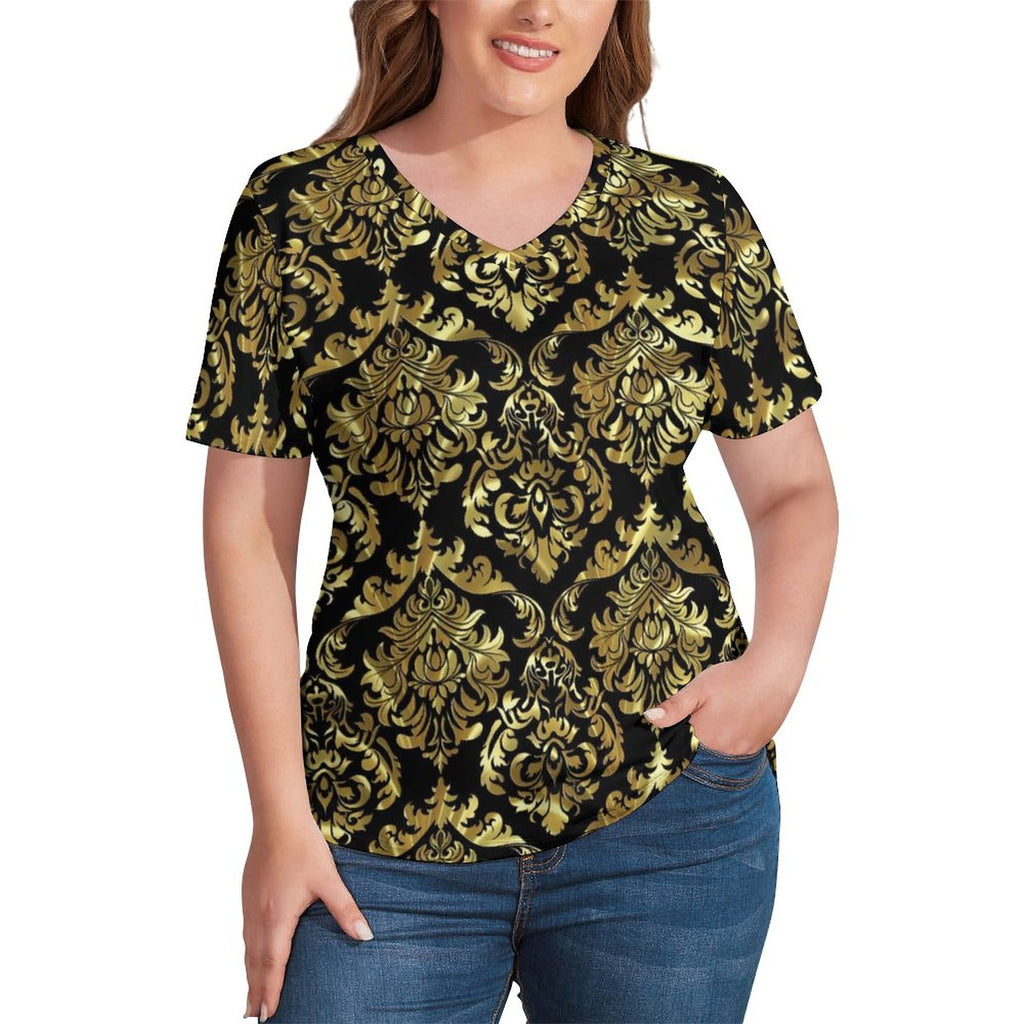 Retro Baroque Print T Shirts Flourish Damask Casual V Neck T-Shirt Short-Sleeve Harajuku Plus Size Tee Shirt Summer Tops Gift