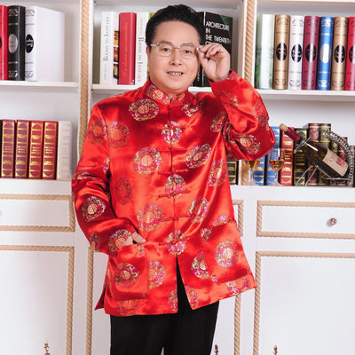 Long Sleeve Middle Aged Men Chinese Tang Tops Ancient Men Grandparents Birthday Tops Red Wedding Clothing New Year Jacket 90