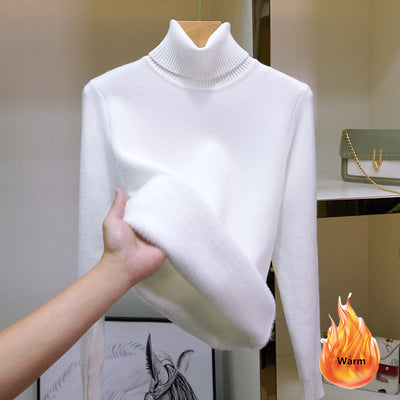 Turtleneck Plus Velvet Thicken Sweater For Women Winter Slim Warm Fleece Lined Bottomed Pullover Black Classic Solid Kintted Top