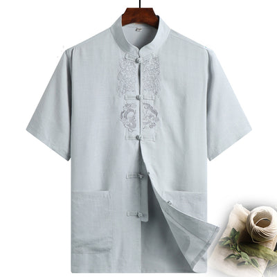 Summer men tang suit shirt tops cotton and linen middle-aged and thin men Tang suit men&#39;s short-sleeved chinese shirt hanfu men