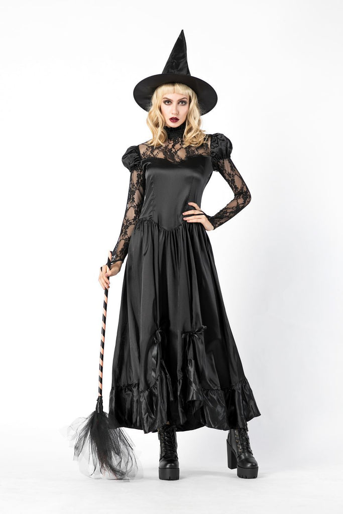 Free shipping 2021 New Women Halloween Costumes Witch Black Lace Long Dress Adult Cosplay Role Play Witch Costume
