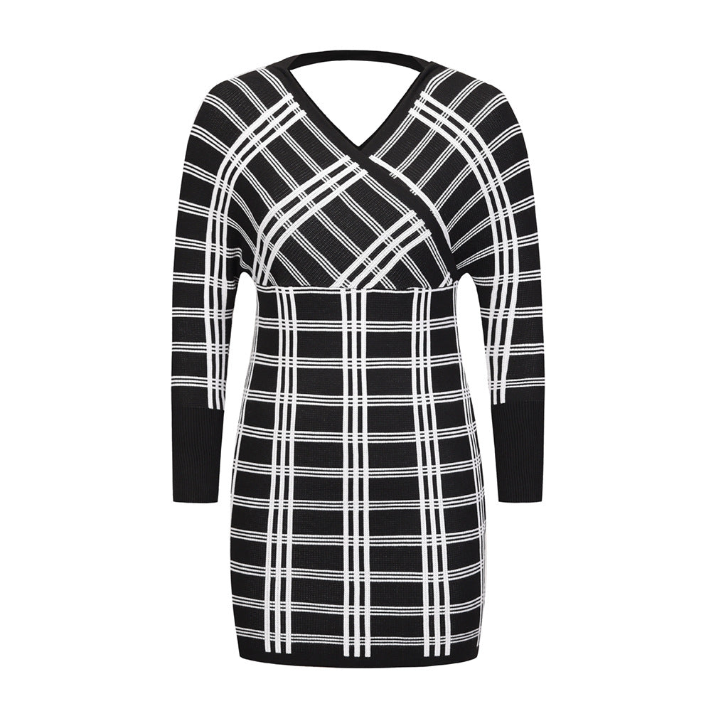 Vintage Plaid Knitted Dress Long Sleeve Dress Sexy V-neck Short Slim Sweater Skirt 2021 Autumn Winter New Women