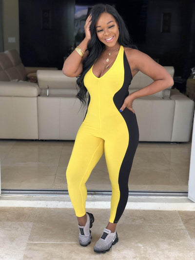 AHVIT New Style Contrast Color Patchwork Sexy Women Jumpsuits Sleeveless Deep V Neck Skinny Fashion Nightclub Romper PN-A6197