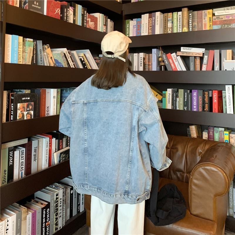 Jacket Jeans Women Denim Coat Korean Style Designer Single Breasted Solid Pockets Fashion Turn-down Loose Casual Denim Women