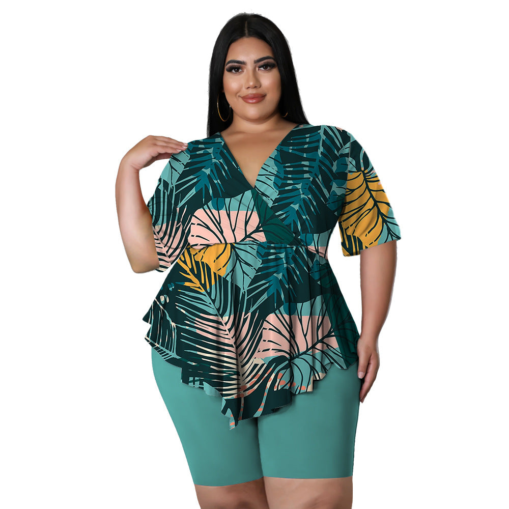 Plus Size Women 4xl Set Leaf Print Tops And Solid Pants 2022 Summer Two Piece Sets Lady Sweatshirt Female Tracksuit Wholesale