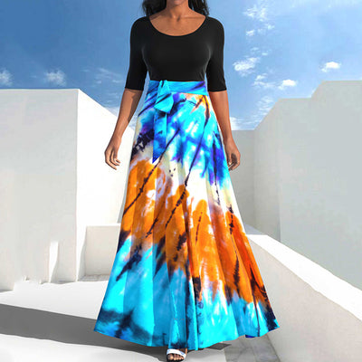 Casual Abstract Printing A-line Skirt Robe Femme Autumn Round Neck Contrasting Colors Sashes Half Sleeve Maxi Dress Plus Size