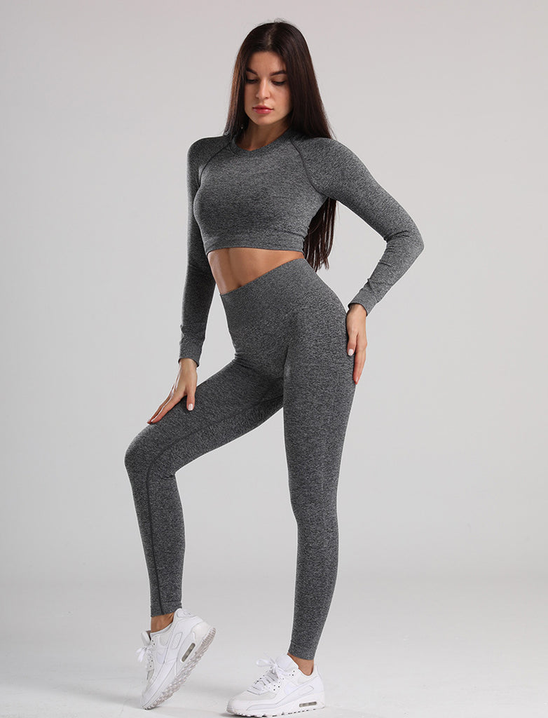 2PCS Seamless Yago Set Sportswear Fitness Clothing Gym Leggings and Long Sleeve Crop Top Sport Suit Workout Clothes Tops