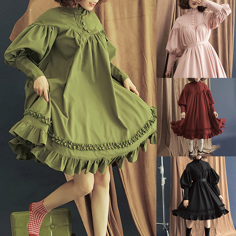 Gothic Lolita Dresses for Women Japanese Soft Lady Black Long Sleeve Princess Girl Skirt Button Lace Dress Halloween Costume