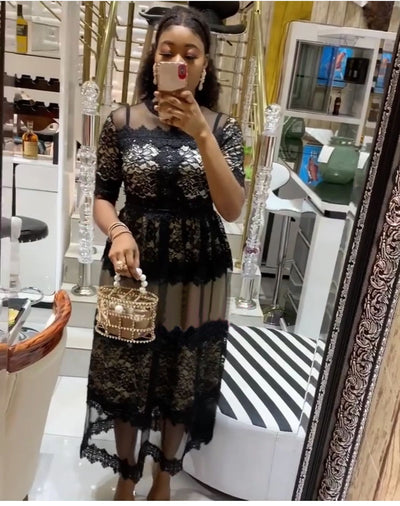 Tsxt 2021 New African Style Women Splicing Lace Turtleneck Short Sleeve Long Dress Lady High Waist A-line Maxi Dress